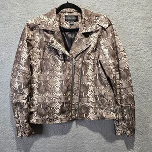 Colleen Lopez Faux Leather Moto Jacket Womens M Animal Print Brown Cream